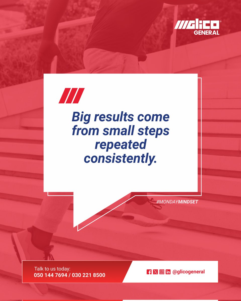 Glicogeneral's tweet image. This week, stay focused and stay determined. Success await you!

Keep going with GLICO General. Learn more:
📞 +233 50 144 7694 
📧 customerexperience@glicogeneral.com

#GLICOgeneral #consistency #protectionmindset