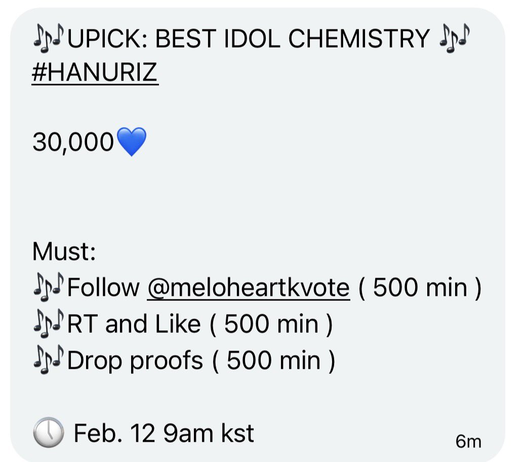 angelixblue's tweet image. 🎶UPICK: BEST IDOL CHEMISTRY 🎶
#HANURIZ

30,000💙

Must:
🎶Follow @meloheartkvote ( 500 min )
🎶RT and Like ( 500 min )
🎶Drop proofs ( 500 min )

🕔 Feb. 12 9am kst
