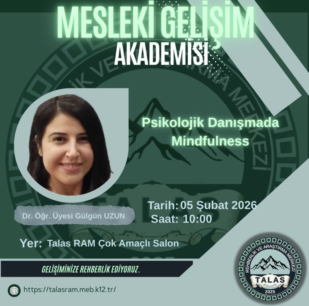 talasram's tweet photo. Talas Ram tarafından geliştirilen Mesleki Gelişim Akademisi kapsamında Dr. Öğr. Üyesi Gülgün UZUN tarafından verilecek “Psikolojik Danışmada Mindfulness” konulu eğitim, 05 Şubat 2026 tarihinde Talas RAM Çok Amaçlı Salon’da gerçekleşmiştir.
@tcmeb @MebOrgm @kayserimem @TalasMEM https://t.co/0TZLuW5Qvb