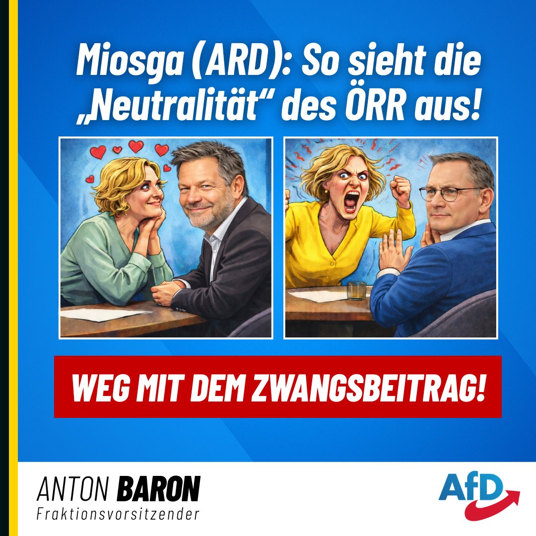 AntonBaronAfD's tweet image. Miosga hat gestern einen weiteren Grund geliefert, warum der Rundfunkbeitrag abgeschafft werden muss.

#Rundfunkbeitrag #GEZ #Miosga #Chrupalla #AfD