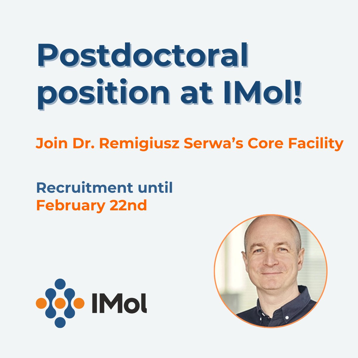 IMol_Institute's tweet photo. Dr. Serwa’s Core Facility at IMol is looking for a highly motivated postdoctoral researcher to join an ambitious interdisciplinary project.

Join us 👉https://t.co/s2EyBlr1Ac

#PostdocOffer #IMol #Recruitment #ScienceJob https://t.co/e25wz5IBgM