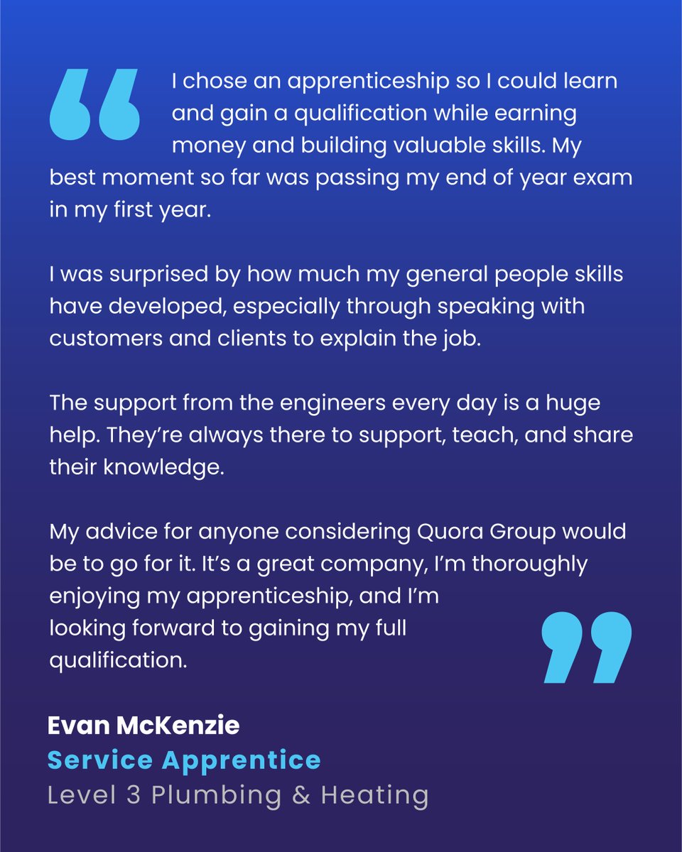 Quora_Group's tweet photo. To kick off National Apprenticeship Week for 2026, we're sharing the stories of five apprentices at Quora Group, one for each day of the working week.

Starting us off is Evan McKenzie, Service Apprentice.

#NationalApprenticeshipWeek #NAW2026 #Apprenticeships #QuoraGroup https://t.co/RdDFI9tEGj