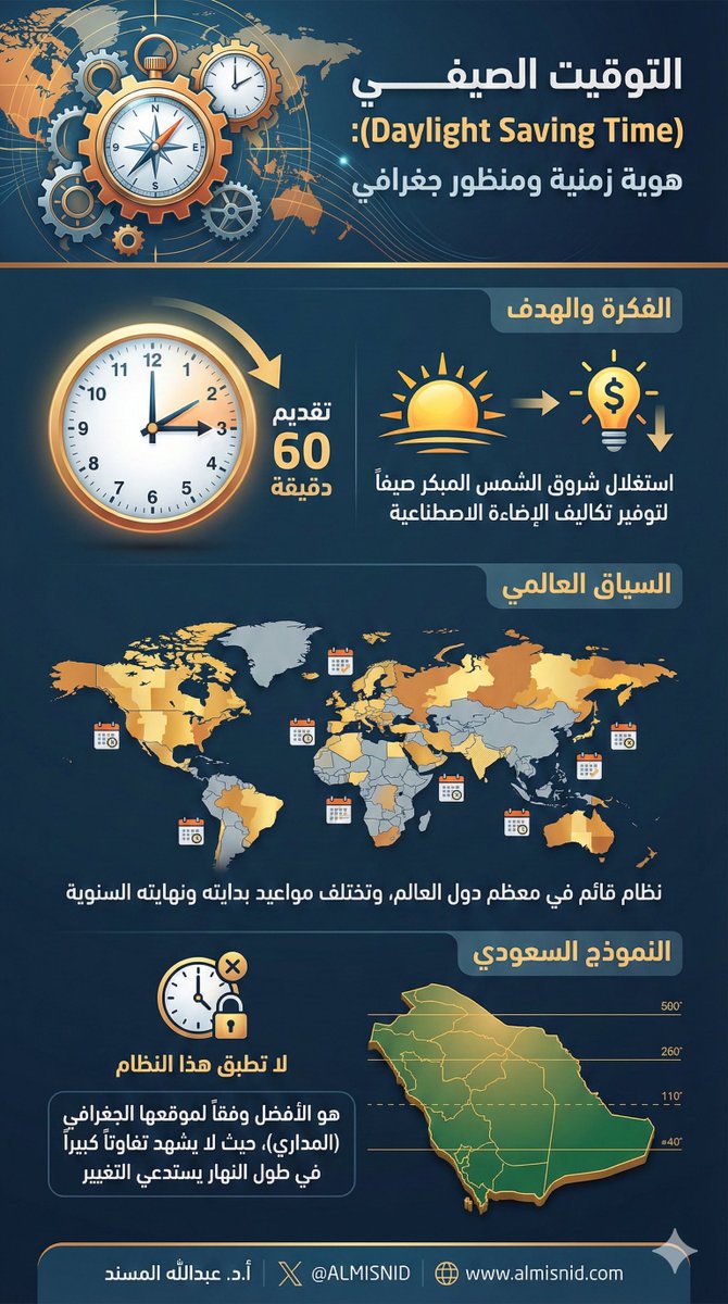 لماذا لا تطبقه السعودية‼️

التوقيت الصيفي .. فكرة قديمة وقائمة في معظم دول العالم حتى الآن وهي تقديم الساعة ستين دقيقة كيما تُستغل إضاءة الشمس التي تُشرق مبكراً في فصل #الصيف مما يوفر تكاليف الإضاءة الاصطناعية.

ومعظم الدول تستخدم هذا النظام وتختلف في بدايته ونهايته خلال السنة،