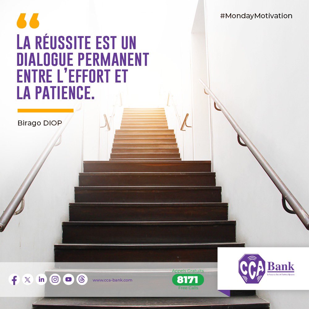 cca_bank's tweet photo. L’effort vous met en mouvement, la patience vous maintient sur la durée.
Ne vous découragez pas si les résultats ne sont pas immédiats. Continuez à monter ces marches avec détermination 💪🏽
Bon début de semaine à vous. 😊
#CCABank #MondayMotivation https://t.co/EGM3Ot2T0T