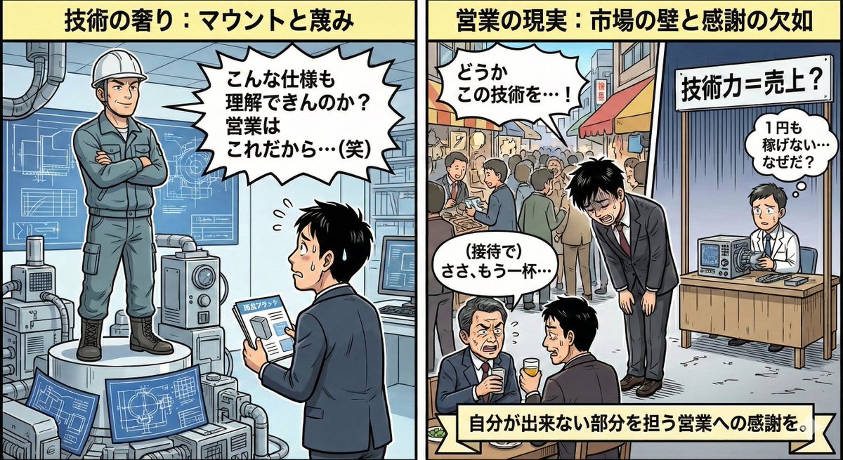 ally_of_earth's tweet photo. メーカーにいると技術が営業にマウントを取り、蔑むような発言をする場面が多々あるけど、技術力があっても、市場に出た時に営業が出来なければ１円も稼げない人が大半なのになぜ偉そうに出来るのだろうか。顧客との接待含めて、自分が出来ない部分をやって頂いているという感謝はないのだろうか。 https://t.co/ZNn1ar0V36
