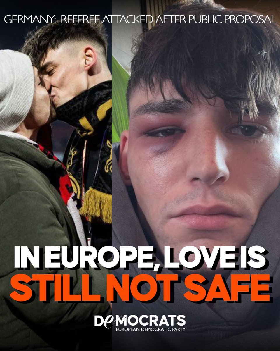 democrats_eu's tweet photo. A German referee, Pascal Kaiser, is assaulted at his own home. A week earlier, he had proposed to his husband inside a stadium, in front of thousands. The moment went worldwide, reclaiming the visibility everyone deserves. Before the attack, his address was leaked. Threats followed. He warned the police. The response? “No immediate danger.” Then three men showed up. LGBTQ+ people cannot be asked to hide their love to stay safe. When being visible becomes a risk and institutions minimise it, equality exists only on paper.