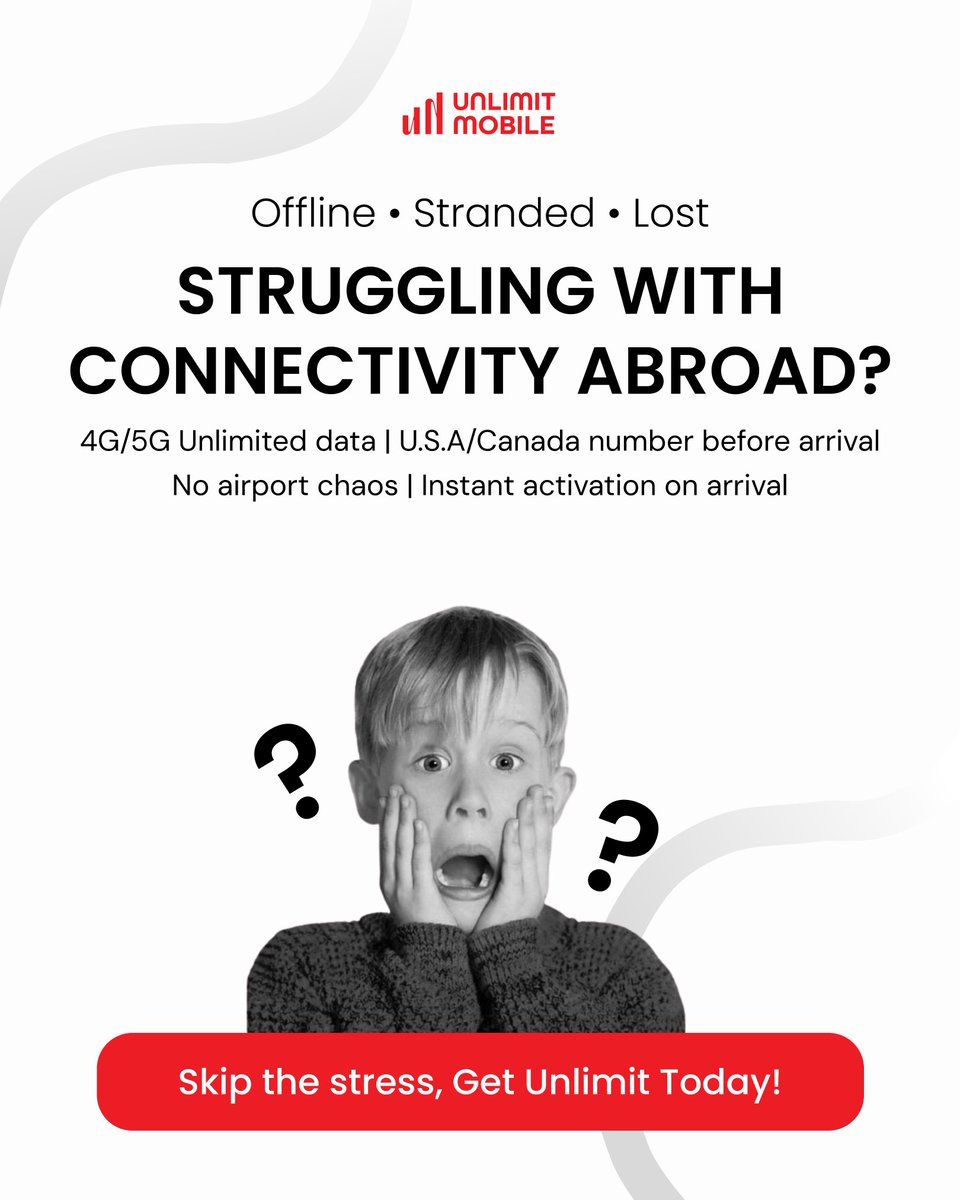 Unlimit_Mobile's tweet photo. Landing abroad without data is stressful 😵‍💫
Unlimit gives you 4G/5G unlimited data and a local USA/Canada number before arrival ✈️📱

#InternationalStudents #MoveAbroad #StudentLife #Unlimit https://t.co/2lxNm9BNm0