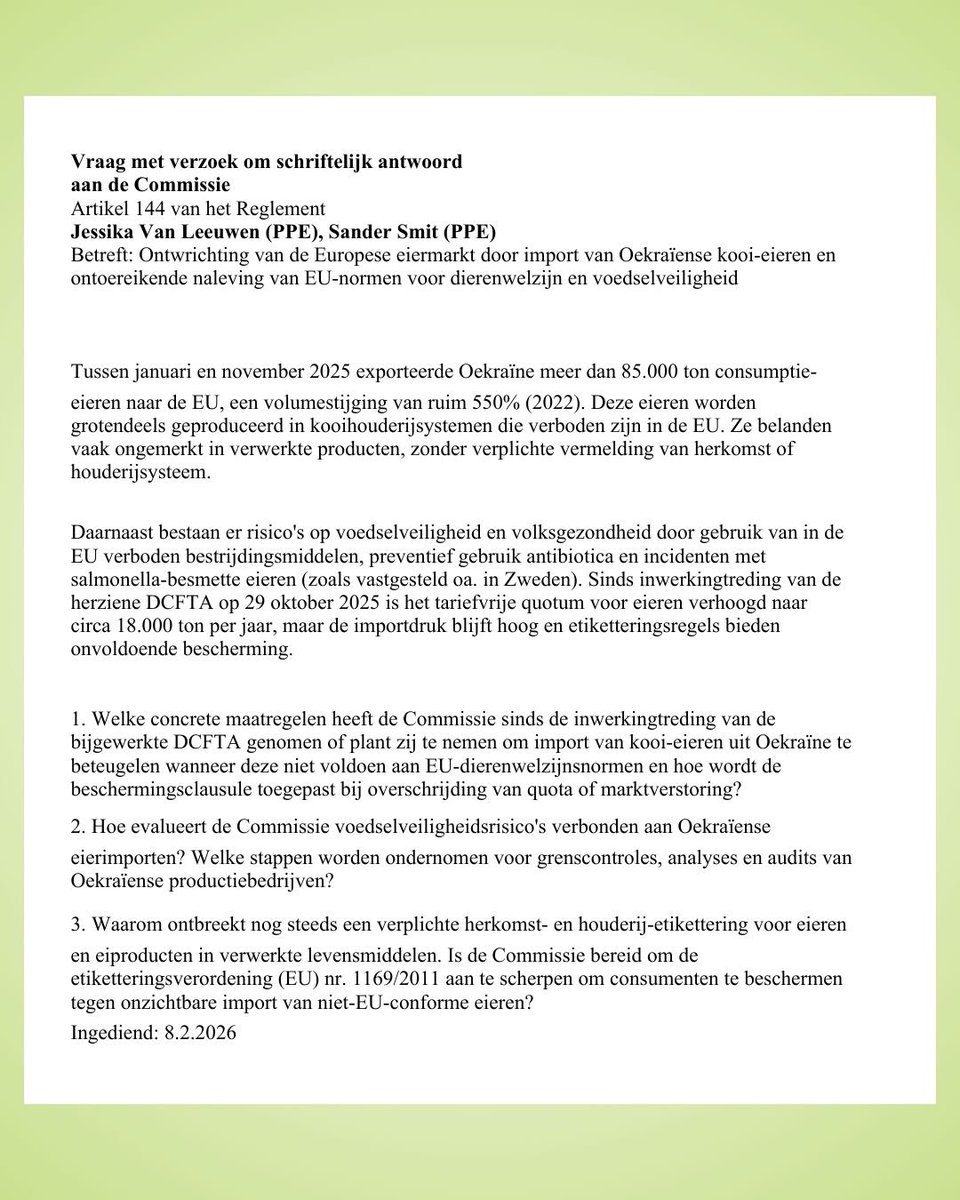 Onze boeren moeten concurreren met producten die hier niet eens mogen worden geproduceerd.
Consumenten verdienen transparantie: ze moeten weten of hun ei uit een kooi komt of niet.

De Europese Commissie moet nú ingrijpen met strengere grenscontroles, audits in Oekraïne en