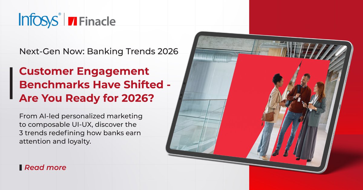 Finacle's tweet image. Engagement is being re-priced on relevance at digital speed. Is your bank ready for 2026’s always-on, low-friction expectations? finacle.com/customer-engag…

#CustomerEngagement #DigitalBanking #BankingTransformation #FinancialServicesTech