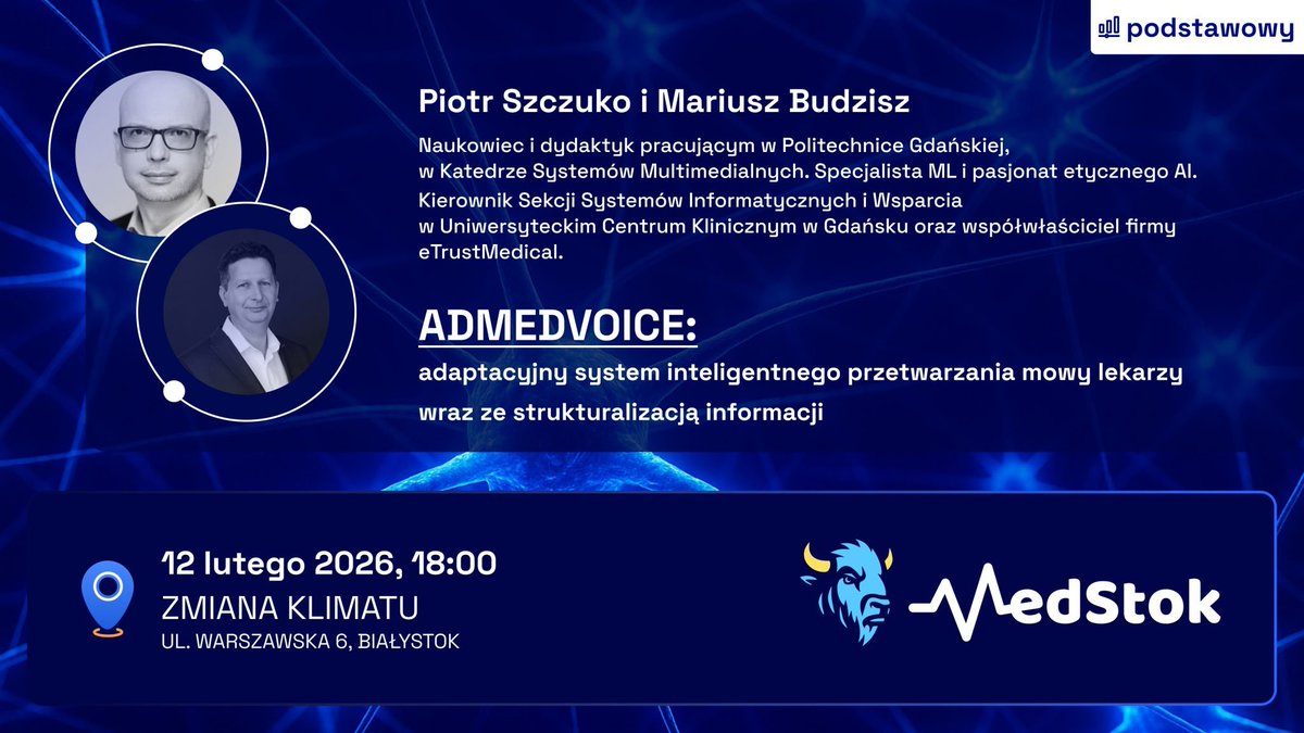 #ADMEDVOICE to 🇵🇱 technologia, która wspomaga lekarzy w osiąganiu większego skupienia nad pacjentem, dzięki automatycznemu i kontekstowemu wypełnianiu formularzy medycznych.

Na meetupie #MedStok zajrzymy pod maskę projektu, a pomogą nam w tym Piotr Szczuko i Mariusz Budzisz.