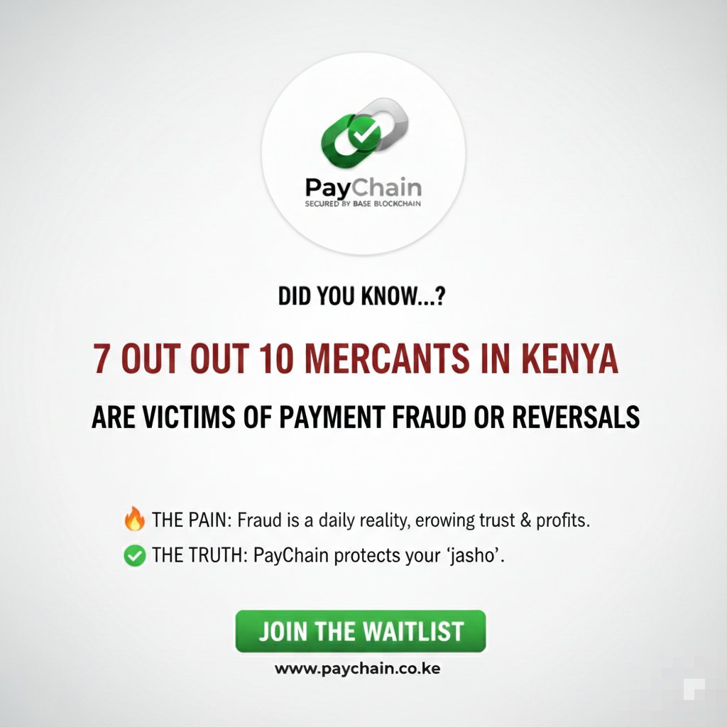 PayChainKE's tweet photo. 7 out of 10 is the number of Kenyan merchants who have been conned by fake SMS alerts or malicious reversals. Fraud isn't just a "risk" it’s a daily tax on our SMEs.
​It’s time to stop trusting phone screens and start trusting the Ledger.
Join the waitlist https://t.co/gw77qJTnGp https://t.co/86MJ5Xtx7r