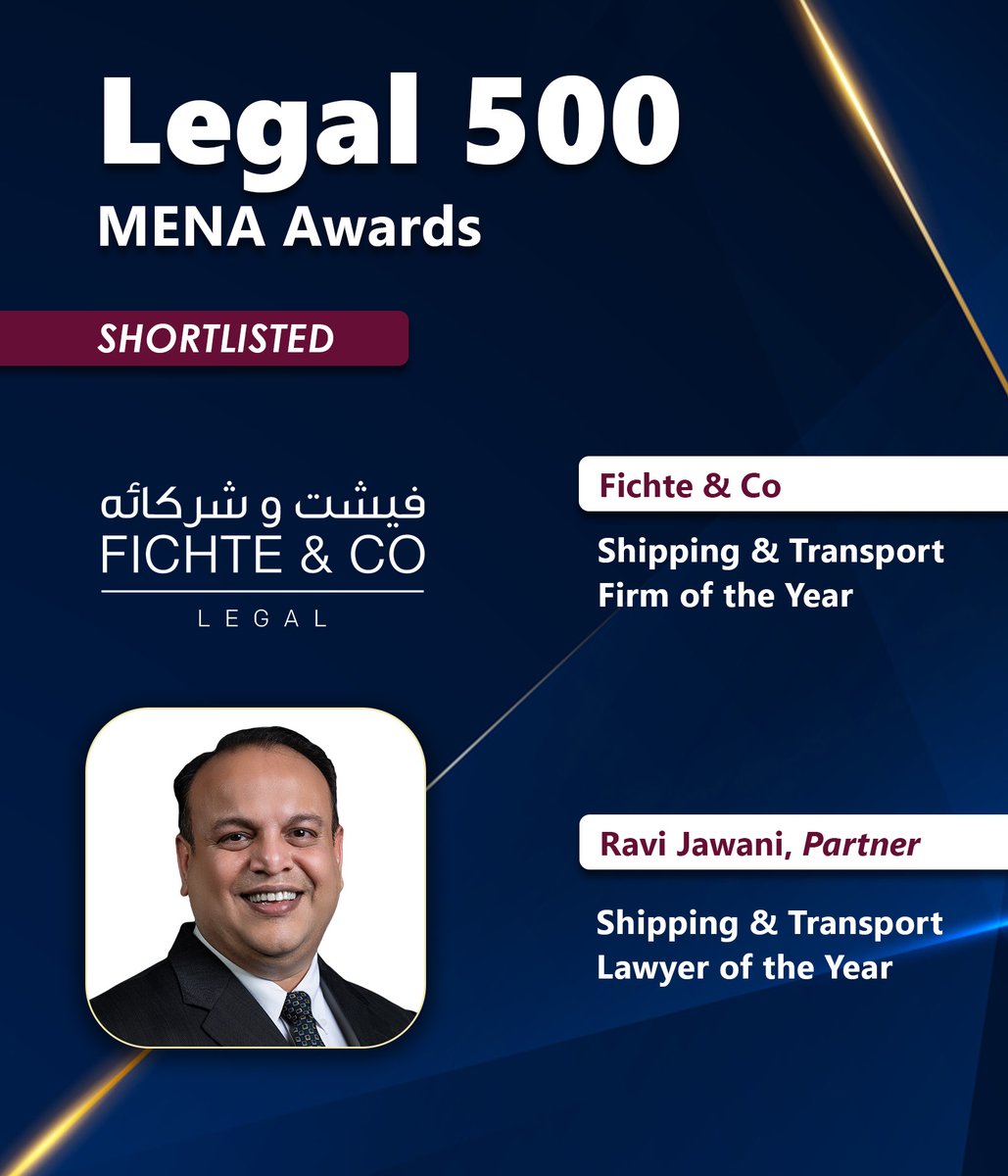 Grateful to see a year of industry-focused work recognized with our shortlist for Shipping &amp; Transport Firm of the Year (UAE) at the Legal 500 MENA Awards 2026.
Alongside this, our partner Ravi Jawani has been shortlisted for Shipping &amp; Transport Lawyer of the Year (UAE).