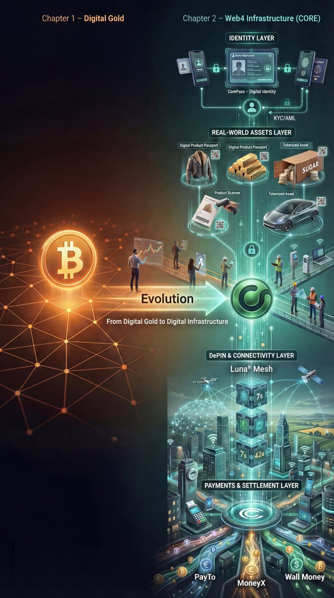 <a href="/_einundzwanzig_/">Einundzwanzig 🎙</a> $BTC war der erste Evolutionsschritt – digitales Rohmaterial. 

Die nächste Stufe ist Infrastruktur: energieeffiziente L1s mit Identität, RWAs &amp; DePIN.

Genau da setzt <a href="/CoreCoinCC/">Core Blockchain</a>  an: PoDE‑Mining auf IoT‑Geräten, <a href="/CorePassCC/">CorePass</a>  &amp; Tokenisierung realer Assets. 

Sonst spielst du nur