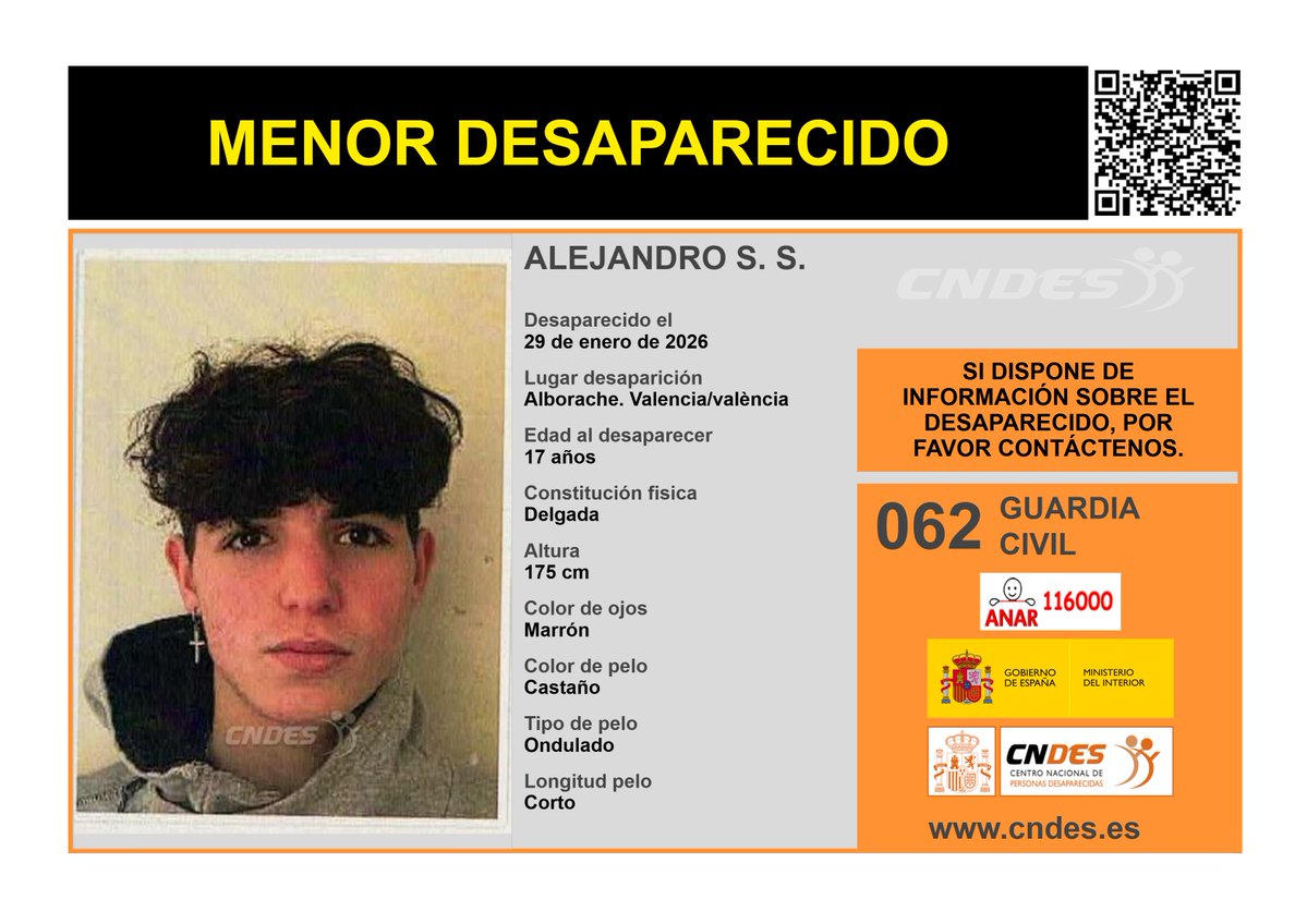 ⚠️MENOR DESAPARECIDO⚠️

Edad 17 años
🧐Última localización #Alborache #Valencia 

Ayúdanos➡️comparte 📲
Si crees haberlo visto 📩 cndes-web.ses.mir.es/publico/Desapa…

📞062@guardiacivil
☎️116000 <a href="/FundacionANAR/">Fundación ANAR</a> 
<a href="/cndes_oficial/">CNDES</a> #menor #desaparecido