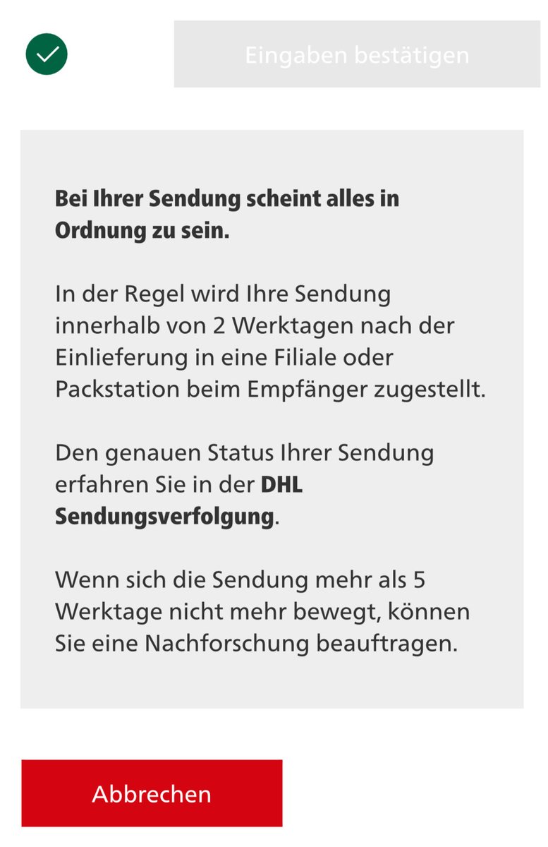 Alpenbluemchen's tweet photo. Es gab mal Zeiten, da war eine über @DHLPaket aufgegebene Sendung am nächsten Tag beim Empfänger, ganz selten am übernächsten Tag.
Dass eine Sendung über eine Woche braucht, der Mitarbeiter der Hotline von „verschollen“ spricht und einen Link schickt, lt. dem „alles in Ordnung … https://t.co/8o3YVvNYDn