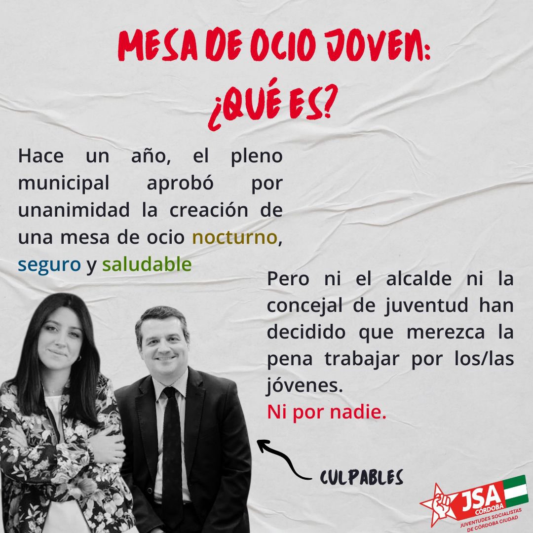 <a href="/cintiabustos95/">CINTIA BUSTOS</a> y <a href="/jmbellidoroche/">José Maria Bellido</a> prometieron hace 361 días la creación de una mesa de ocio joven para que la juventud cordobesa tenga alguna alternativa pública y de calidad en nuestra ciudad.