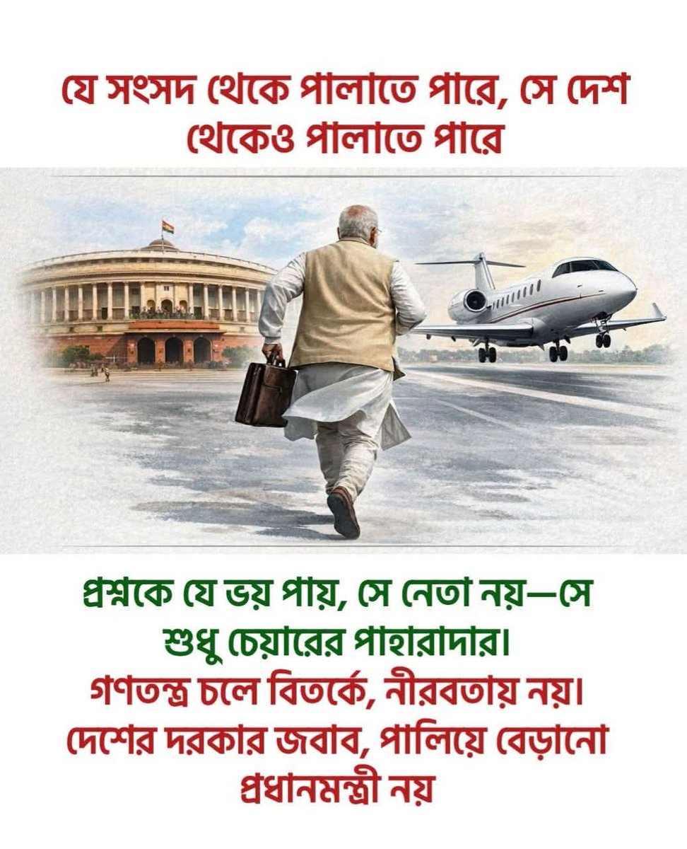 SanjayPradeepB1's tweet photo. যে সংসদ থেকে পালাতে পারে, সে দেশ থেকেও পালাতে পারে।
প্রশ্নকে যে ভয় পায়, সে নেতা নয়—সে শুধু চেয়ারের পাহারাদার।
গণতন্ত্র চলে বিতর্কে, নীরবতায় নয়।
দেশের দরকার জবাব, পালিয়ে বেড়ানো প্রধানমন্ত্রী নয়।
#Democracy
#Parliament
#Accountability
#AnswerTheNation https://t.co/y70spJTk1r