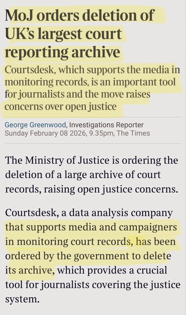 Artemisfornow's tweet image. ‼️ er… this feels important. The Ministry of Justice has ordered the deletion of the largest independent archive of magistrates’ court data.

This was the tool journalists use to see what cases were actually happening and to spot errors in the official system.

The MOJ says it’s…