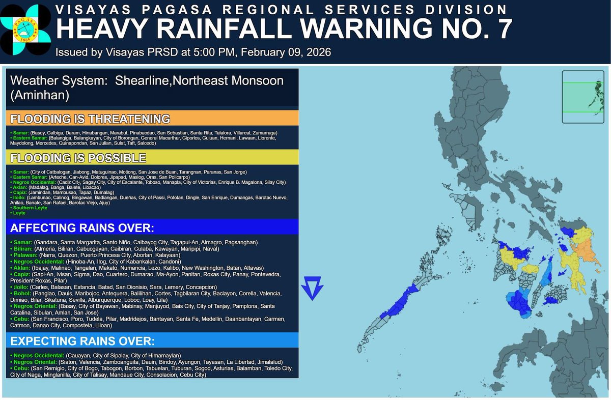 arielrojasPH's tweet photo. PAGASA HEAVY RAINFALL WARNING #ShearLine
5PM, February 9, 2026
🟠 ORANGE LEVEL
• southern Eastern Samar
• southern Samar
🟡 YELLOW LEVEL
• Northern Samar
• rest of Eastern Samar
• central Samar
• Leyte
• Southern Leyte https://t.co/LVjt0fJGYk