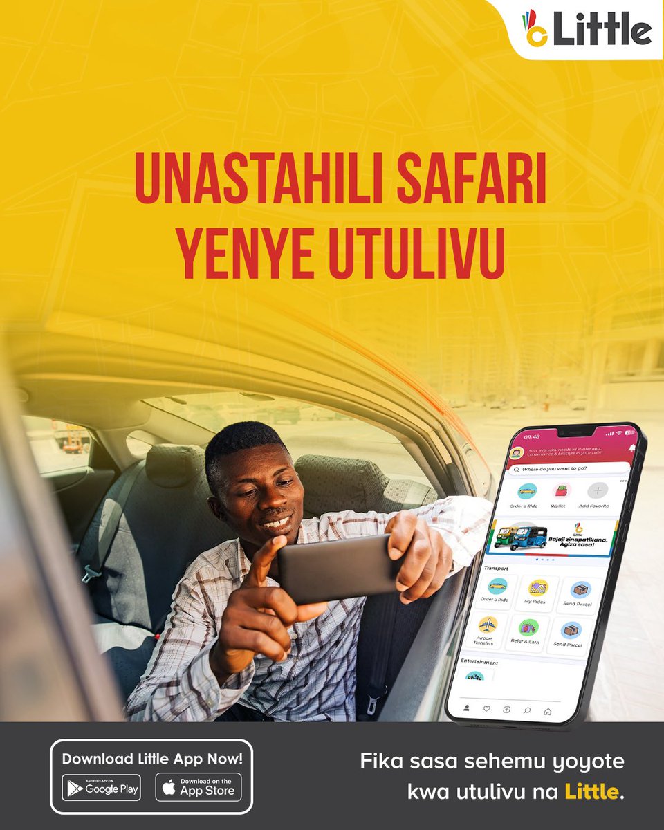 LittleAppTz's tweet photo. Unastahili safari yenye utulivu.
Fika kazini, nyumbani au popote unapokwenda kwa usalama, uhakika  na Little ride.

📲 Pakua Little app sasa, safari ianze.

#littleapple #littlerider #littleride #littletanzania #littlecorporate #ridewithlittle https://t.co/aiLd9mTfgV