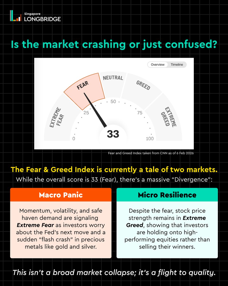 Is the market crashing or just confused? The Fear &amp; Greed Index is currently painting a mixed picture. Rather than a market-wide collapse, it’s a flight to quality — speculative assets like crypto and gold are being left behind as investors flock to resilient, high-performing