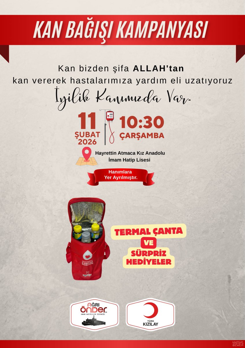 “İYİLİK KANIMIZDA VAR”

🩸Önder İmam Hatipliler Derneği ile Kızılay iş birliğiyle kan bağışı kampanyasına sizleride bekliyoruz.

🗓11 Şubat Çarşamba 
⏰️ 10.30
📌Hayrettin Atmaca kız Anadolu imam Hatip Lisesi 

🩸Her ünite kan,bir hayata umut olmaktır.