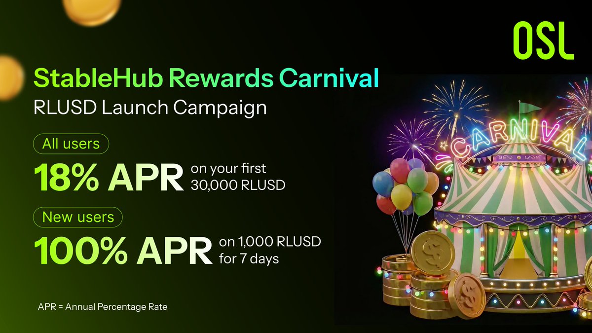 🎁 RLUSD Rewards Campain on OSL StableHub are underway

In volatile markets, managing exposure matters.
Swap USD &amp; stablecoins to RLUSD with 1:1, zero fees, no slippage, and take part in the RLUSD Rewards campaign.

✨ New users enjoy 100% APR for the first week, with up to 18%