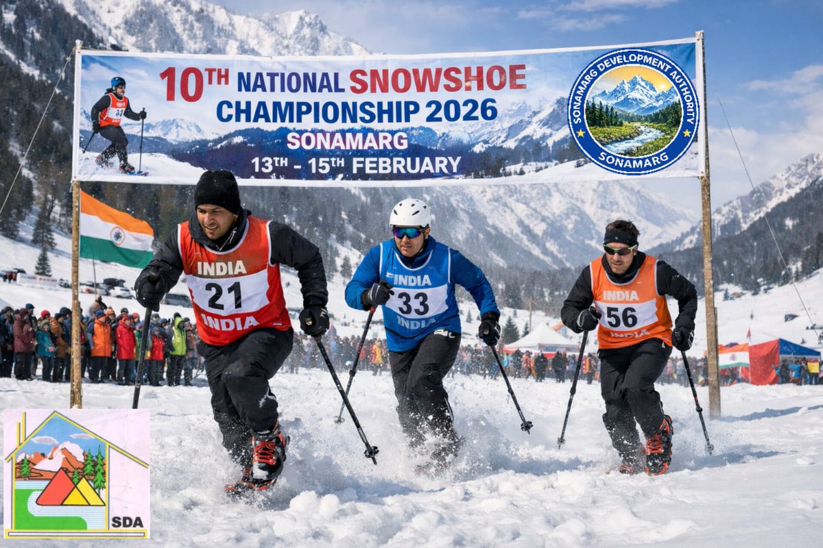 Tourismsonamarg's tweet photo. The 10th National Snowshoe Championship will be held at Sonamarg, J&amp;K from 13–15 Feb 2026, bringing together 150 athletes from 15 states. Organized with the Tourism Department, the event promotes youth empowerment, winter sports &amp; adventure tourism. ❄️🏔️ https://t.co/Flkym4Cunl