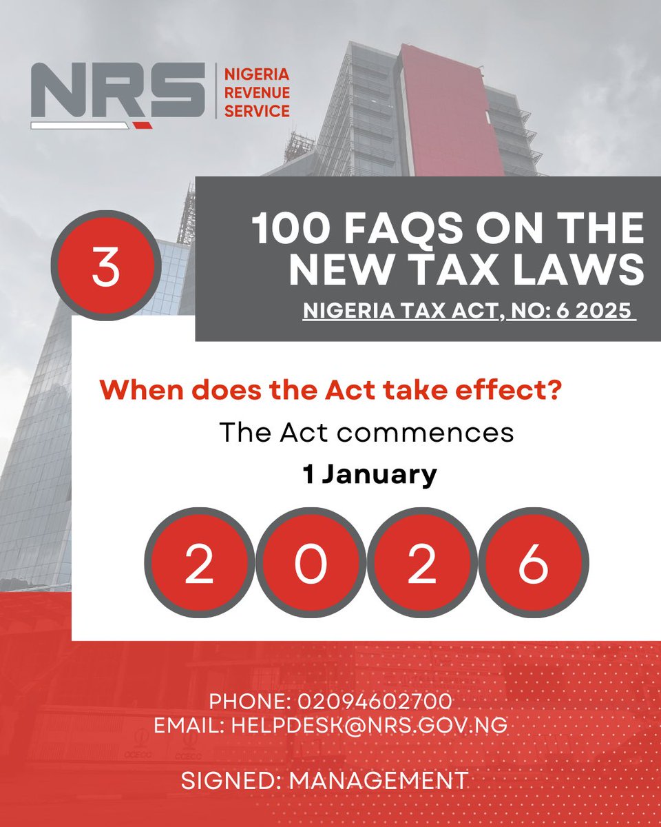 NigeriaRevenue's tweet photo. Day 1: The New Tax Laws are here. Check out our FAQs for clear answers and guidance 📑. #NRS #NewTaxLaws https://t.co/yI5CnCwvCz