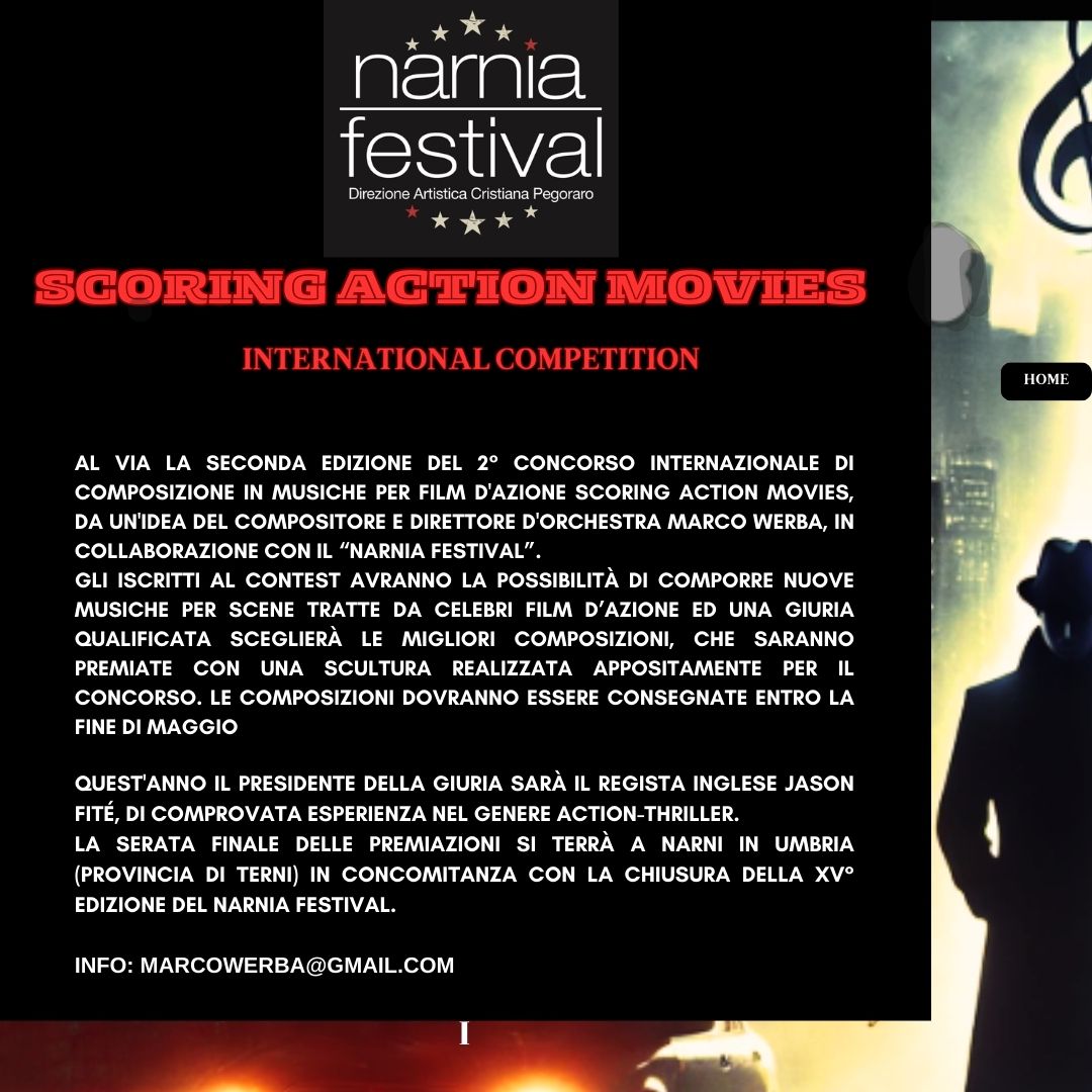 Sono lieto di annunciare che la seconda edizione del concorso di composizione "Scoring Action Movies" è in preparazione. 

Quest'anno il Presidente della Giuria sarà il regista inglese Jason Fité. 

Per ulteriori informazioni: marcowerba@gmail.com