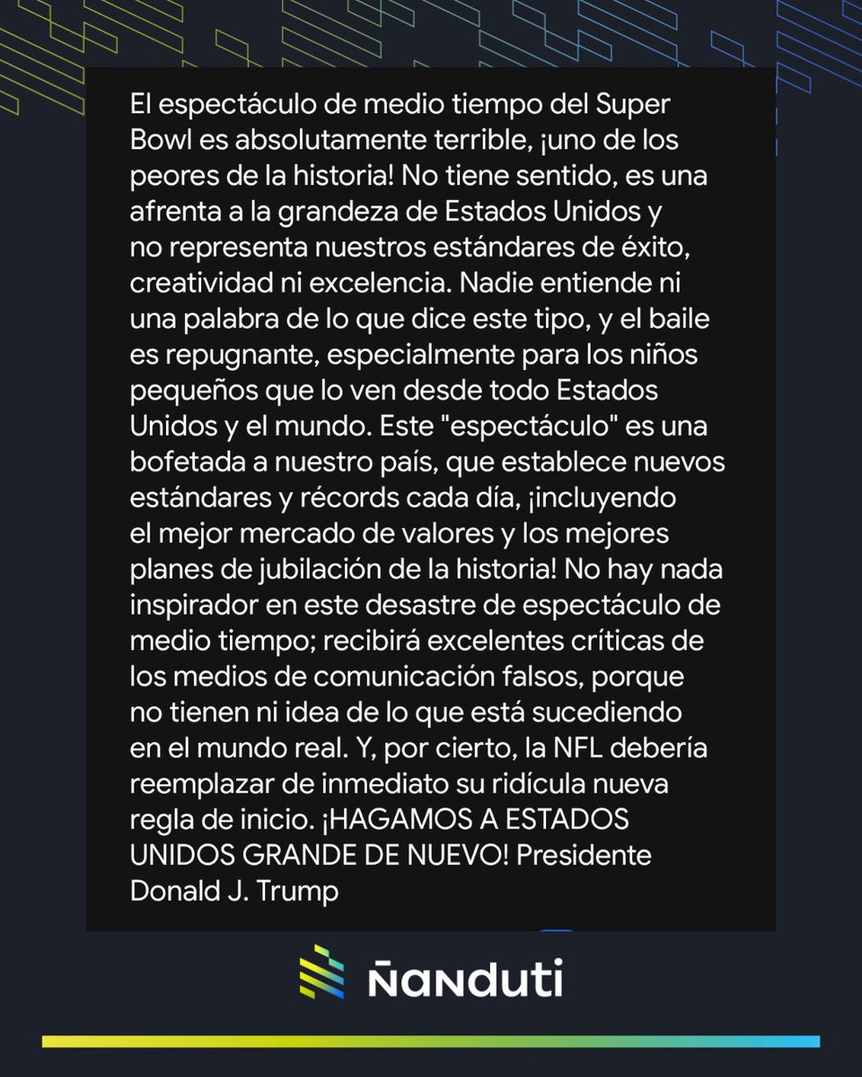 Donald Trump sobre Bad Bunny: “Nadie entiende una palabra de lo que dice este tipo”

▪️El presidente norteamericano dedicó duras críticas al artista tras su presentación en el Super Bowl.

📝"Este 'espectáculo' es una auténtica bofetada para nuestro país (...) y, sin embargo,