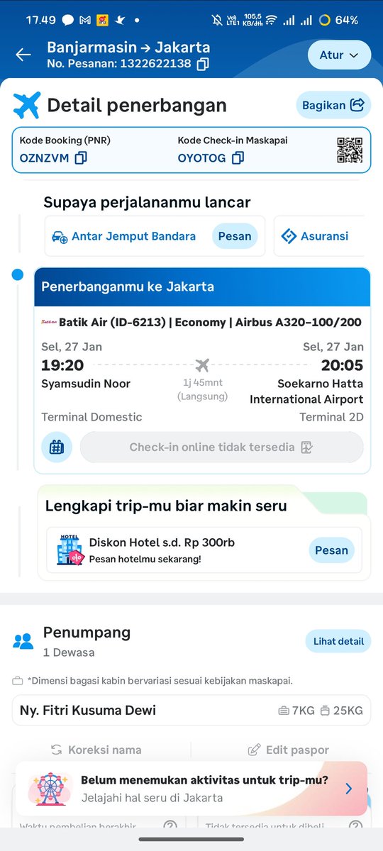 SulthanCenter's tweet photo. @traveloka Aplikasi anda yg crash, saya dirugikan!!!! Seharusnya pesanan utk selasa 10 feb 2026 bukan nama "fitri kusuma dewi", sebelum saya bayar saya cek berulang kali, setelah tiket terbit malah data penumpang menjadi pesanan di tgl 27 jan 2026 !!! https://t.co/QVyksE0aSa