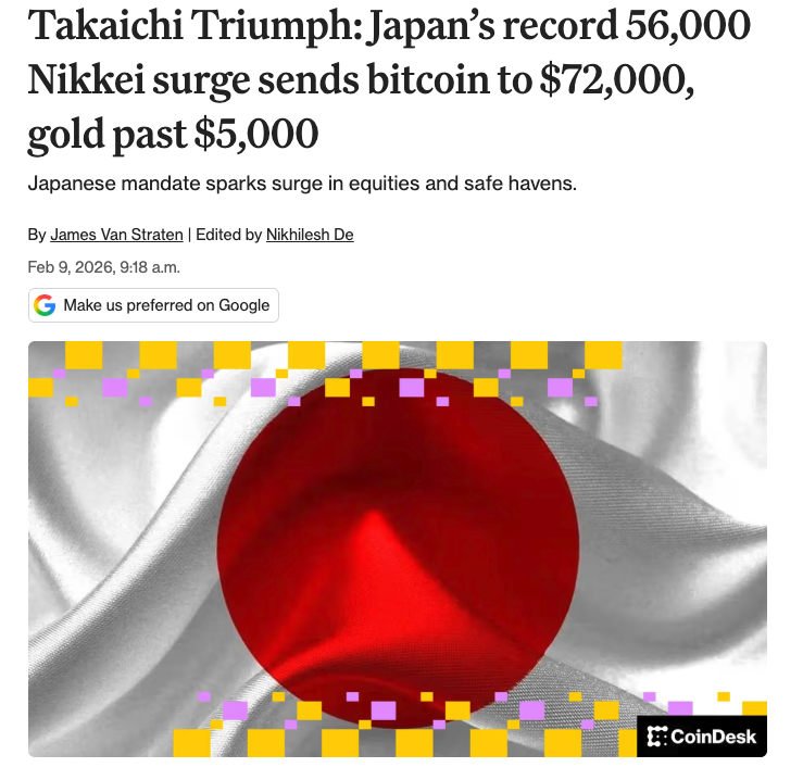 📷【日本経済の躍進が仮想通貨を後押し！】 📷

日本の日経平均が56,000を突破！
この記録的な上昇がビットコインを72,000ドル、金を5,000ドル以上に押し上げました。経済の回復に期待が高まる中、仮想通貨市場も活気づいています。