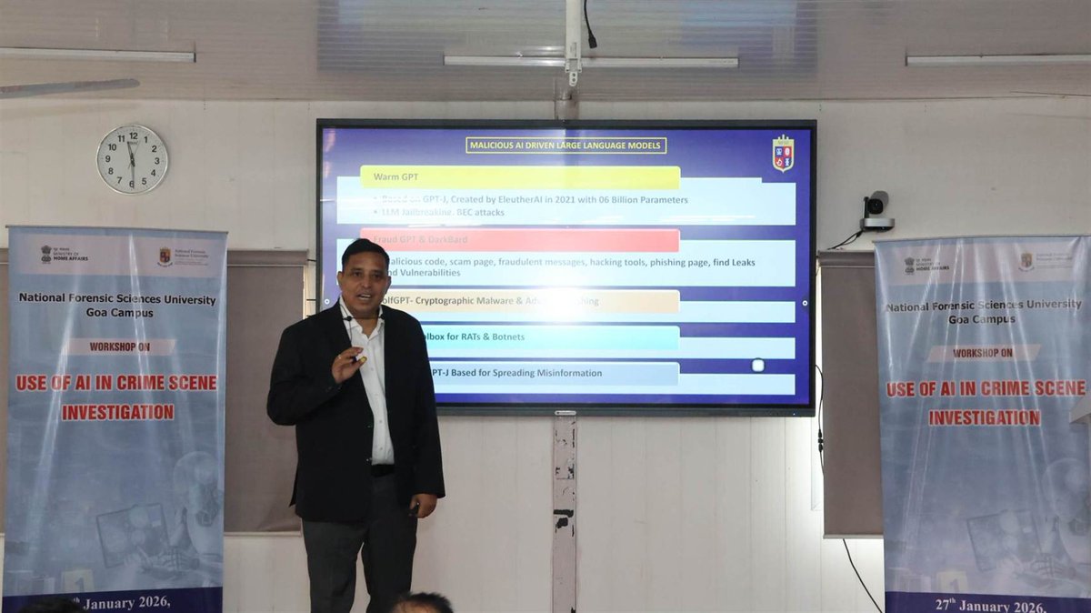 NFSU Goa successfully conducted the one-day Workshop on 'Use of AI in Crime Scene Investigation' on 27 January 2026, with the keynote address delivered by Prof. (Dr.) Naveen Kumar Chaudhary, Campus Director, NFSU Goa. The workshop featured informative lectures on AI-driven