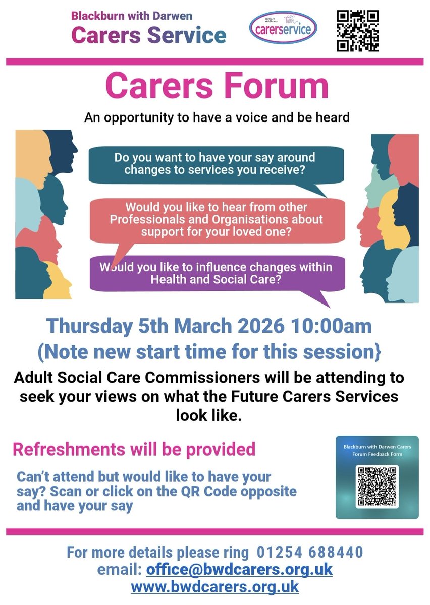 BlackburnCarers's tweet photo. Carers Forum on Thursday 5th March at 10am.

Please come along and #help us shape and improve #support and #services for #carers. 

Come and have a voice.

And have a cup of tea and cakes of course! 🤩 https://t.co/3ZyBnhNpFX