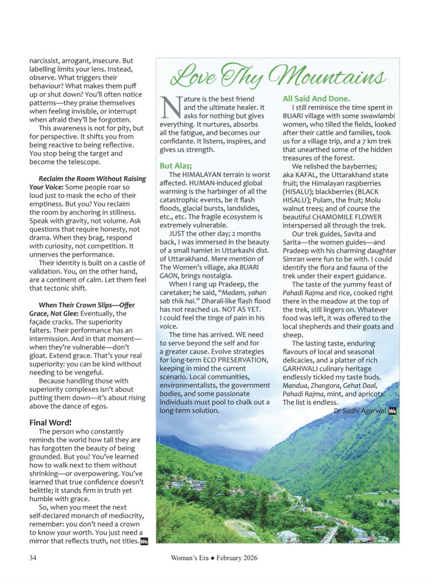 Snowhiteaditi19's tweet photo. Superiority needs an audience.
Confidence needs integrity.
Real power is authentic, grounded, and generous. ✍️
From the desk of CS Aditi Maheshwari
Woman’s Era Magazine, February 2026
#Snowhiteaditi #AdiBytes https://t.co/Ppl6FvjJnI