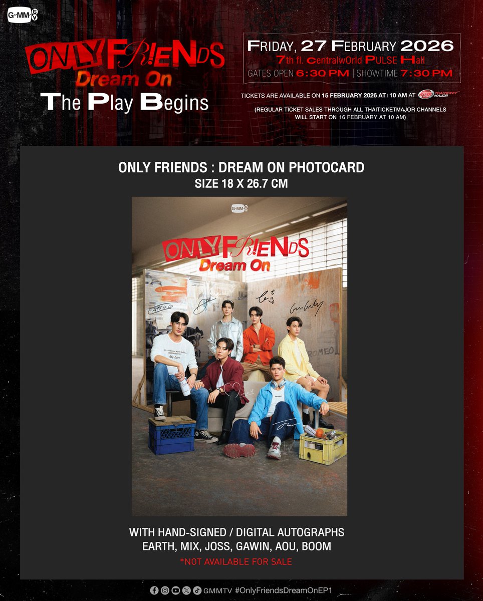 "Only Friends Dream On : The Play Begins" 🎭
#OnlyFriendsDreamOn

ร่วมรับชมตอนแรกของซีรีส์ "Only Friends : Dream On" พร้อมกับนักแสดงและผู้กำกับ และชมการแสดงสุดพิเศษจากนักแสดง!

🗓️ FRIDAY, 27 FEBRUARY 2026
📍 7th fl. centralwOrld PULSE Hall

📌 TICKETS FOR ALL SEATS WILL BE