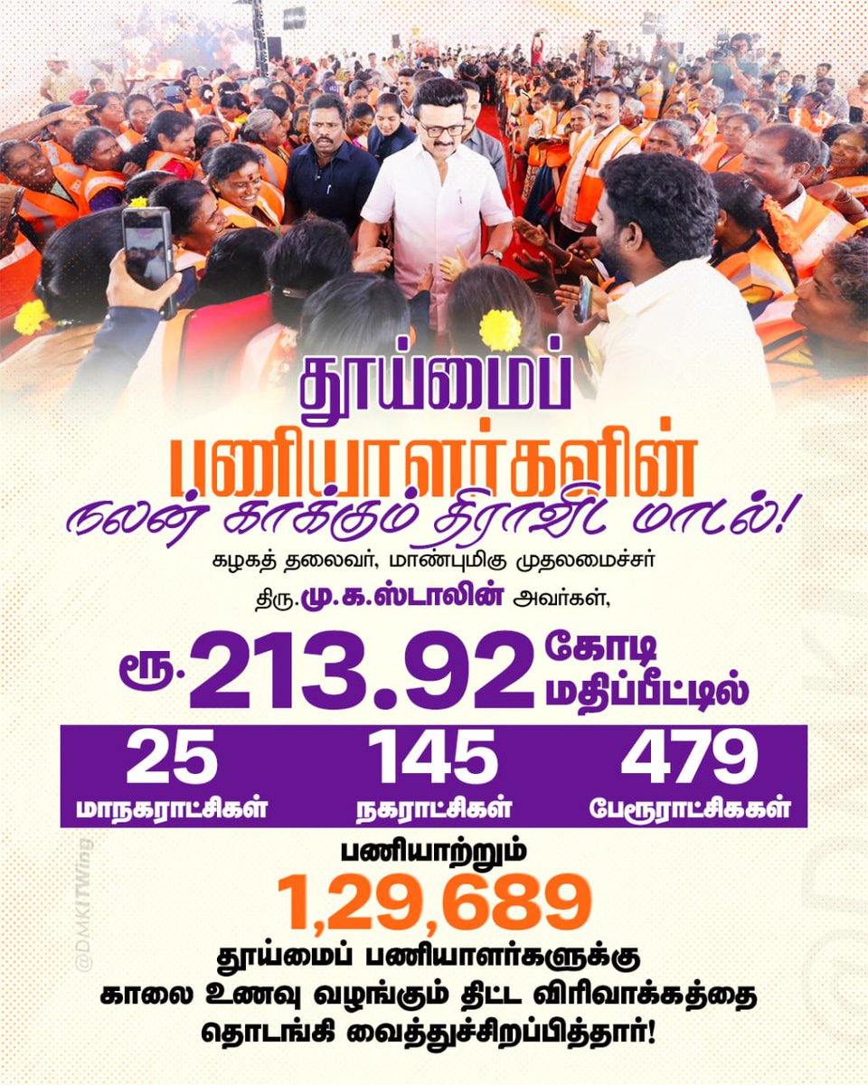 தூய்மைப் பணியாளர்களின் நலனில் அக்கறை கொண்டு, அவர்களின் வாழ்வாதாரத்தை மேம்படுத்தும் வகையில் ரூ. 213.92 கோடி மதிப்பீட்டில் காலை உணவு வழங்கும் திட்ட விரிவாக்கத்தை  மாண்புமிகு முதலமைச்சர் திரு  <a href="/mkstalin/">M.K.Stalin - தமிழ்நாட்டை தலைகுனிய விடமாட்டேன்</a> அவர்கள் தொடங்கி வைத்துள்ளார். 

#DMK4TN