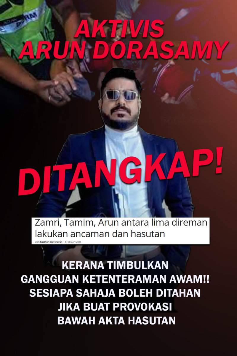 SmokeRumahBBQ's tweet photo. AKTIVIS ARUN DORASAMY DITANGKAP!
KERANA TIMBULKAN GANGGUAN KETENTERAMAN AWAM!! SESIAPA SAHAJA BOLEH DITAHAN JIKA BUAT PROVOKASI BAWAH AKTA HASUTAN
#3R
#Racist
#ArunDorasamy https://t.co/aDN6hwR4Tj