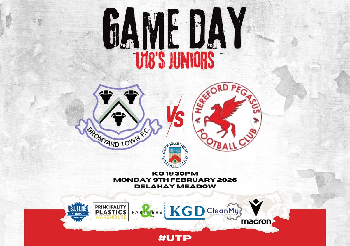 HerefordPegasus's tweet image. 🔴⚽️HPFC U18’s JUNIORS⚽️🔴

Hereford Pegasus FC U18’s Juniors travel to take on Bromyard Town FC tonight in their latest fixture in The Cheltenham Youth League.

📆 9-2-26
🏟️ Delahay Meadow
⏱️ KO 19.30

#herefordpegasusfc
#utp #juniors