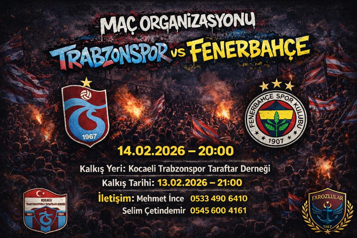 Hafta sonu oynanacak Fenerbahçe maçı için organizasyonumuz başlamıştır iletişim için görseldeki irtibat numaralarını arayınız.