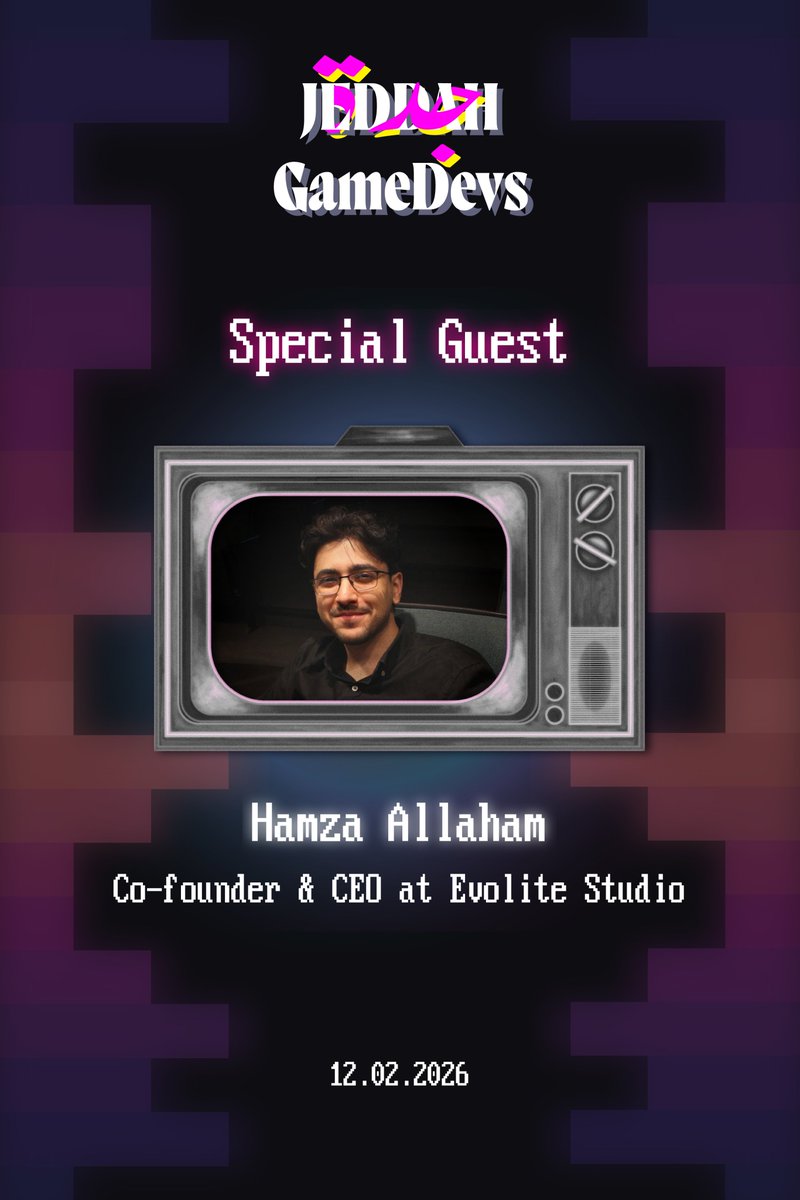 Mads_Space's tweet photo. لقاء Jeddah GameDevs 👾
لقاء مطوري الألعاب في جدة لمشاركة التجارب والتعلم من بعض.
🗓️ 12 فبراير
🔗للمزيد و التسجيل: https://t.co/MxDTS694B8

🎤 المتحدثون:
حمزه اللحام من @EvoliteStudio 
محمد هاشم من MeemWow Games 

مبتدئ أو محترف، مكانك معنا 🎮

شكر خاص لي @hvlv_f على تصميم🤩 https://t.co/YOzPIz8RuA
