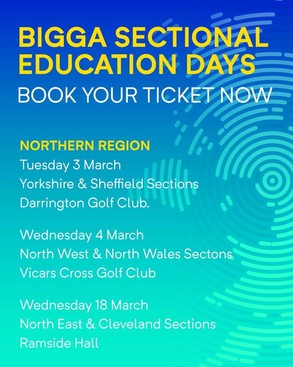 BIGGALtd's tweet photo. BIGGA Northern Region Sectional Education Days 

BIGGA is bringing three unmissable Education Days to the Northern Region, each packed with expert speakers, practical workshops, and real-world insights to support modern turf management and golf course leadership.

📍 Yorkshire & Sheffield Education Day
👉 https://t.co/wqLevoyzOt

📍 North West & North Wales Education Day
👉 https://t.co/DXbDB2RlIl

📍 North East & Cleveland Sectional Education Day
👉 https://t.co/1Ru7bKR8Li

🎤 Across the three events, speakers and contributors include:
Henry Bechelet, Dr Andy Owen & Liam Hargreaves (ICL)
Glenn Kirby (STRI)
Sam Cooper (McDonnell & Cooper Golf Course Architects)
Max Drummond Smillie & Darren Clewes (Fargro)
Paul Lowe (Aquatrols)
Andy O’Neill (Redexim)
Matthew Mears (Clearwater)
Wes Henshaw (K.A.R)
Craig Stoba & Trevor Mill-Irving (Husqvarna)
Paul Woodham (The R&A)
Jonathan Gaunt (Gaunt Design)
PLUS a welcome from BIGGA CEO Jim Croxton

💡 Topics vary by event and include:
• Turf stress, resilience & disease pressure
• Frost mowing & future agronomy trials
• Drone applications & holistic turf management
• Golf course architecture & redevelopment
• Irrigation solutions & autonomous mowing
• Data, performance & the golfer experience
• Building positive relationships with club committees

🛠️ Selected events also feature outdoor demonstrations and practical workshops, with delegates working in smaller groups.

Only £20 for BIGGA Members
FREE for Apprentices

📅 Dates, venues & full agendas available via the individual booking links above.

Spaces are limited so book early.