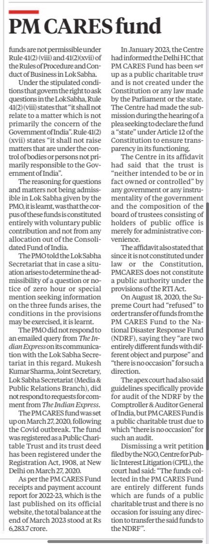 What is the PMO trying to hide? First, information about PM CARES denied to citizens under the RTI Act &amp; now to their elected representatives in Lok Sabha. Is this a case of Electoral Bonds 2.0? The fund could potentially be an instrument for quid pro quo, extortion &amp; regulatory