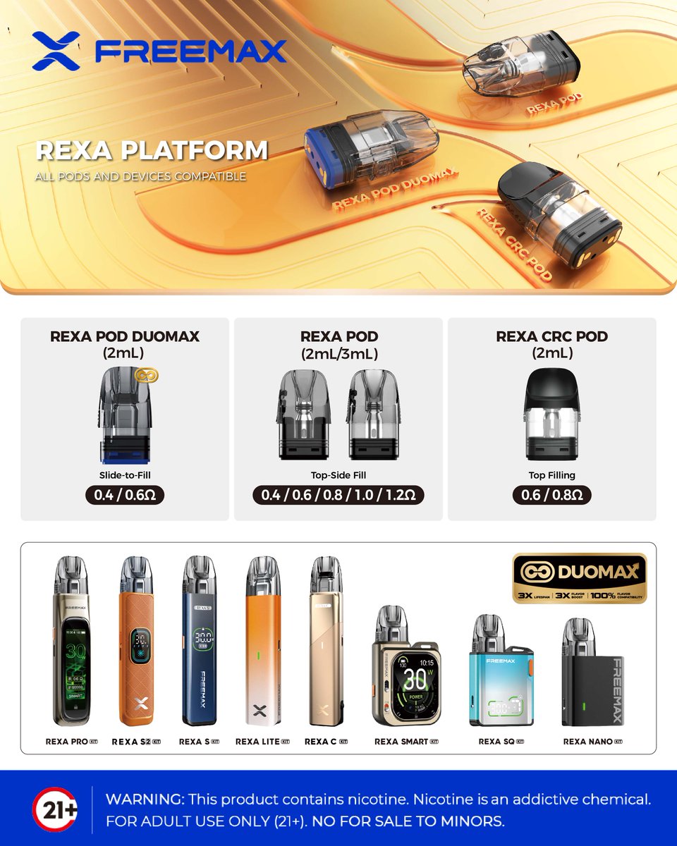 Freemaxvape's tweet photo. One platform, infinite possibilities. β‘οΈ
FREEMAX REXA PLATFORM: fully compatible pods and devices, engineered for your unique style.
.
.
.
.
.
β οΈ Warning: This product contains nicotine. Nicotine is an addictive chemical.
π Must be 21+.
-
#FREEMAX #REXACRCPOD #PodMod #RexaSeries https://t.co/Q6AFKTmFKA