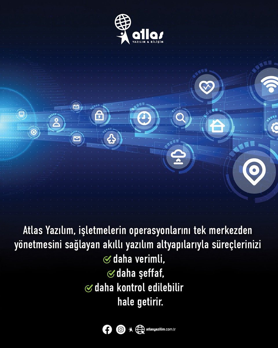 Atlas Yazılım, işletmelerin operasyonlarını tek merkezden yönetmesini sağlayan akıllı yazılım altyapılarıyla süreçlerinizi daha verimli, daha şeffaf, daha kontrol edilebilir hale getirir.

atlasyazilim.com.tr

#atlasyazılım #teknoloji #technology #yazılım #araçtakipsistemi