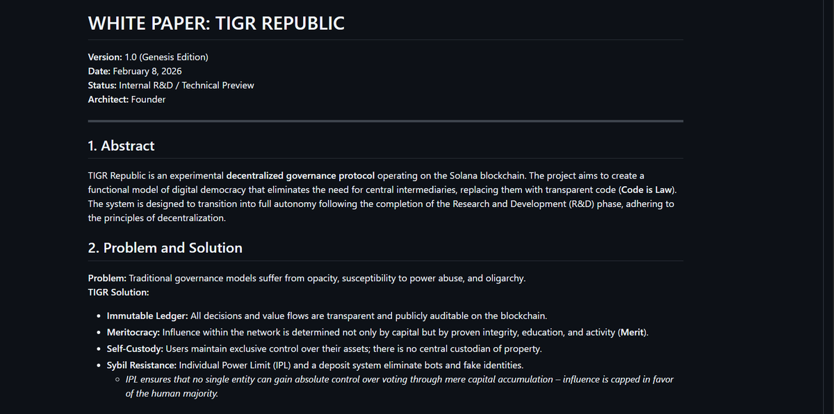 tigrrepublic's tweet photo. We have published the TIGR White Paper and Disclosure.

TIGR enters its Genesis Mode: a controlled, fully transparent launch phase designed to ensure stability, auditability, and a clean transition toward community‑governed decentralization.

Core documents:
📄 White Paper: https://t.co/UiyCRuaslB
🔍 Disclosure: https://t.co/gQerIgLHL3

This is the foundation of an open, democratic, and verifiable digital republic. 

#TIGR #Decentralization #RealDemocracy #Web3 #GenesisMode