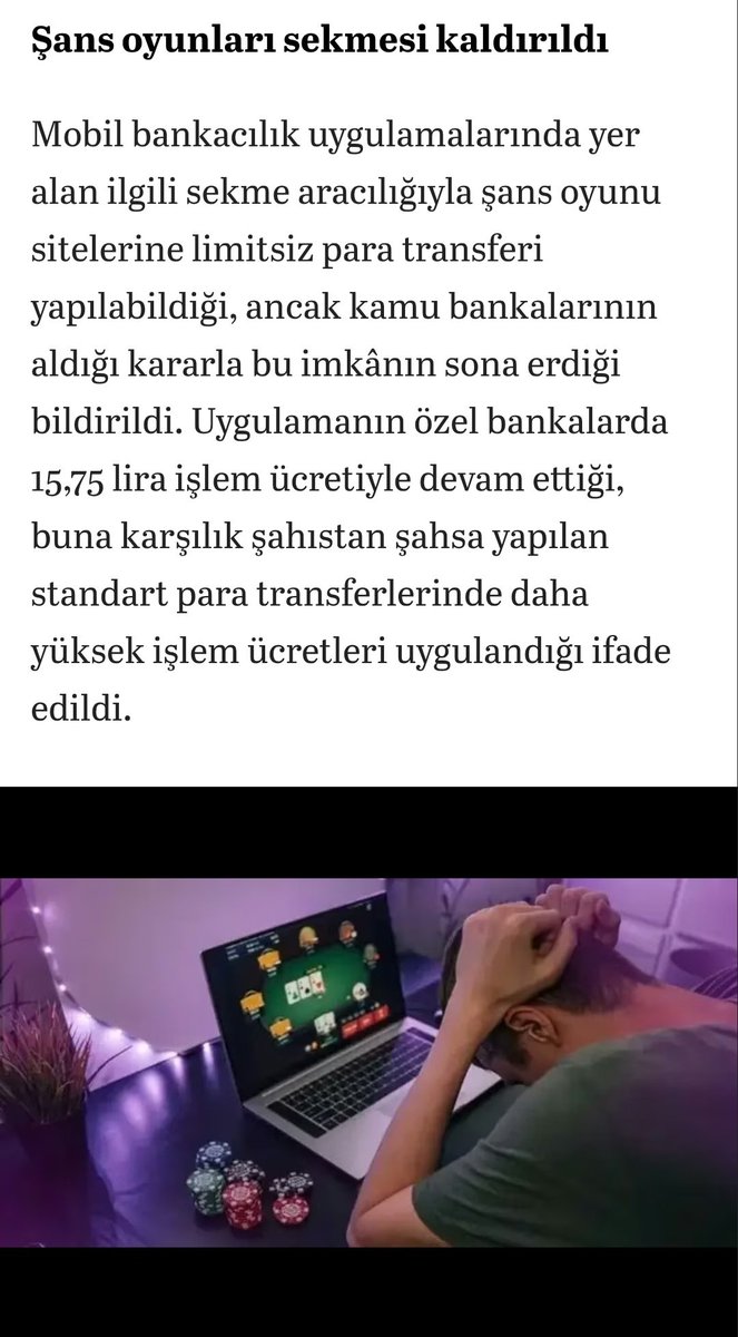 Arada kaynadı.
Sanal kumar ve bahise ENGEL!

Bu çok güzel bir karar.
Kamu Bankaları nın yaptığını, özel bankalar da yapsın.

Kredi notunun düşürülmesi de yerinde olmuş.

Ocaklar yanıyor
Yuvalar yıkılıyor
Dostluklar bitiyor.
İnsanımız mahvoluyor!