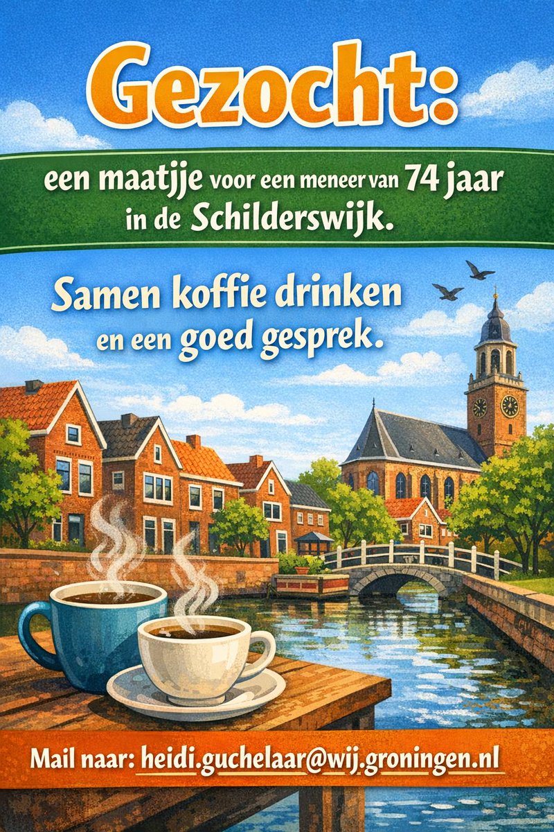 Ons WIJ team zoekt een maatje voor een inwoner van de Schilderswijk. Info: heidi.guchelaar@wij.groningen.nl