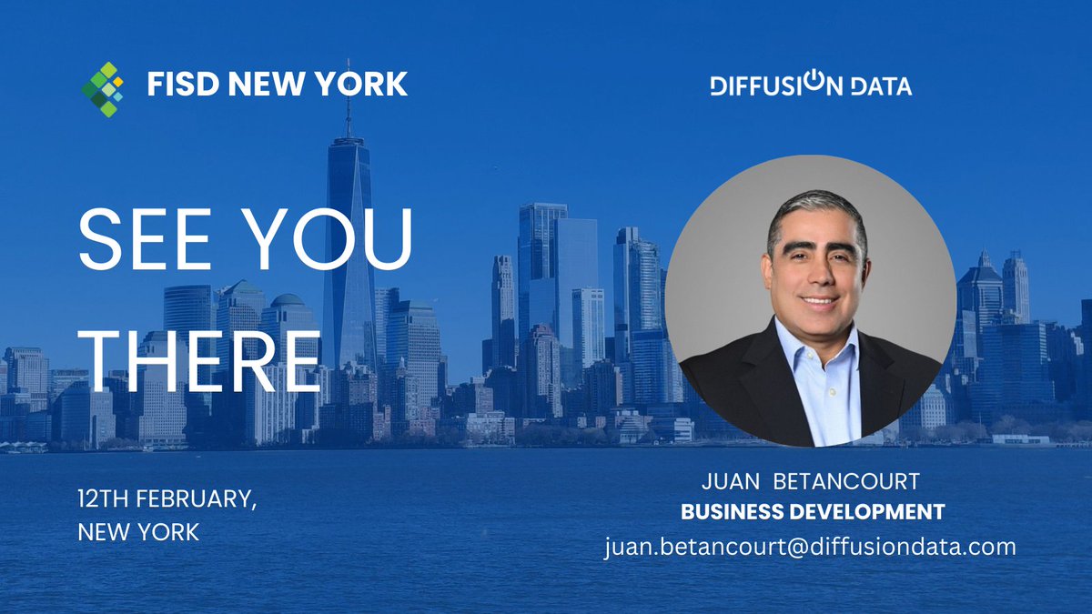 DiffusionData's tweet photo. Juan will be attending FISD New York this week.

The DiffusionData team is looking forward to great conversations on financial and market data.

If you’re there, get in touch with Juan directly to connect. More about us: https://t.co/WGZW8VjTHh https://t.co/FNd1VMKogx